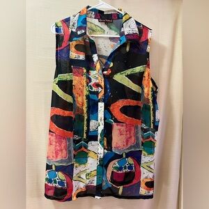 ⚫️ Claire France Multicolor Abstract Button Up Blouse Sleeveless Size 2x
